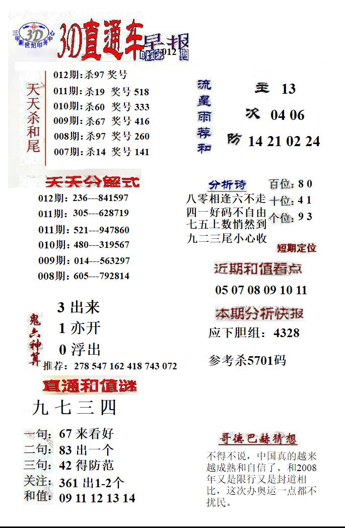 3D直通车早报B版